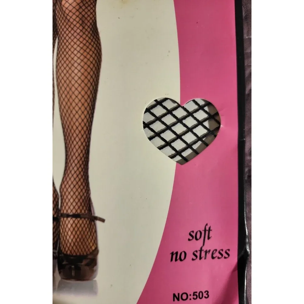 NIP Black Thigh High Diamond Black Fishnet Stockings OS One Size Halloween